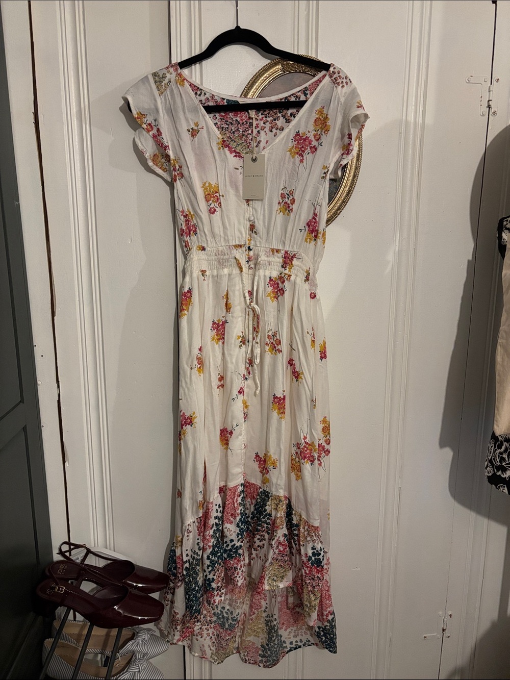 Lucky Brand Floral Maxi Dress with Tie Waist in White